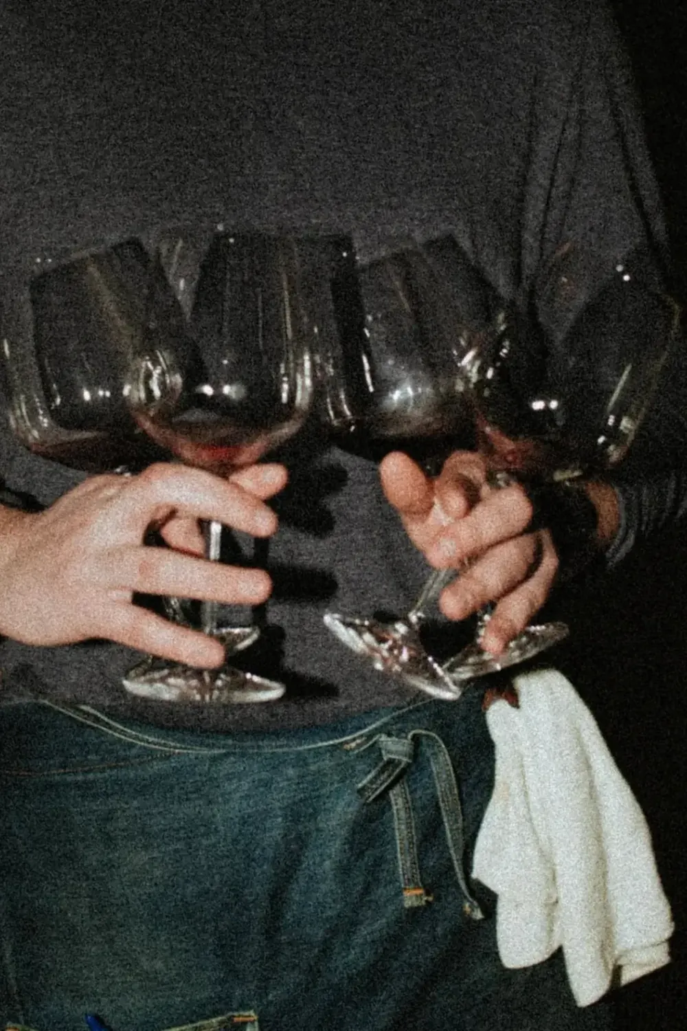 A group of friends holding red wine glasses during a dark social occasion